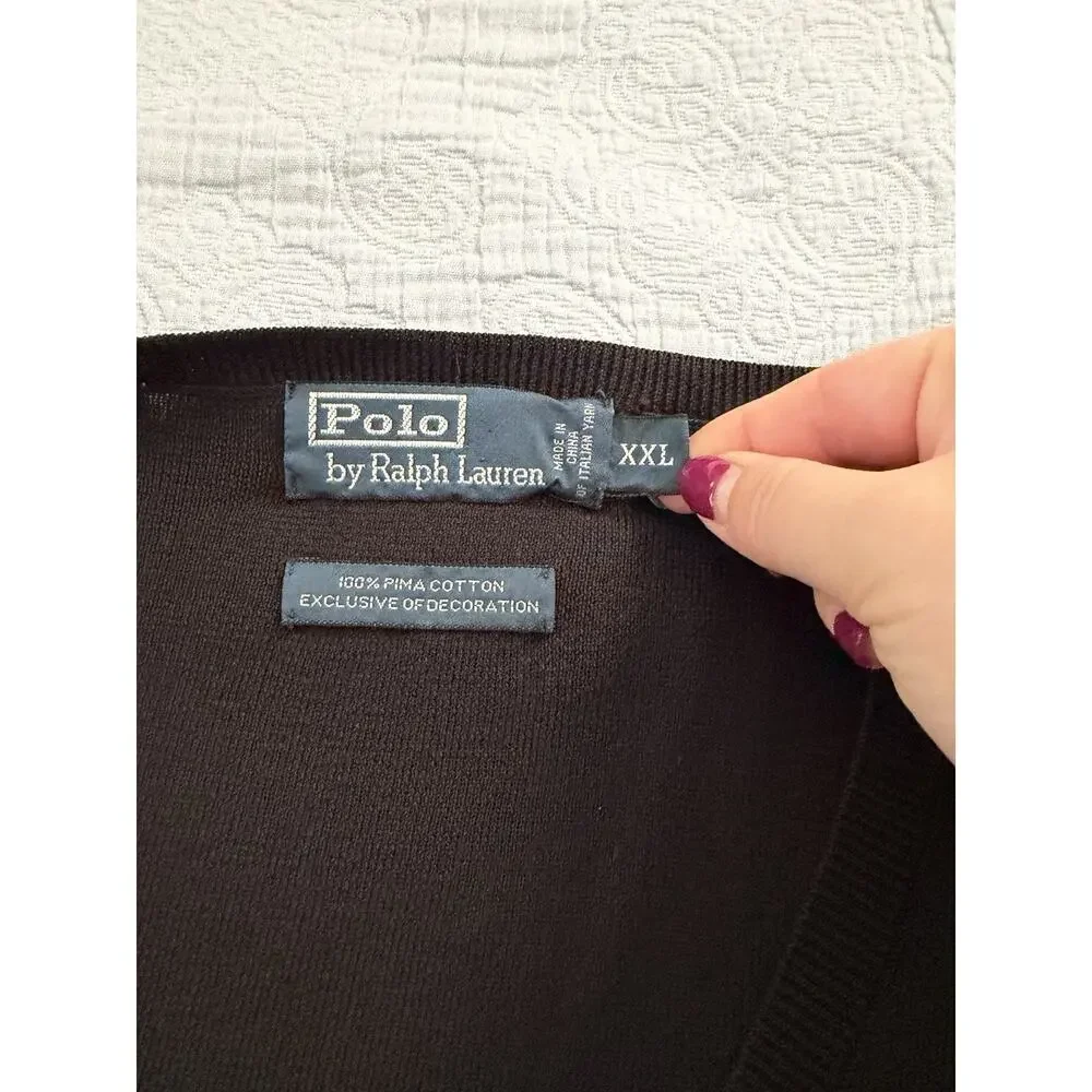 Vintage 90s‎ Rider Logo Polo Ralph Lauren V Neck Sweater XXL Black Pima Cotton
